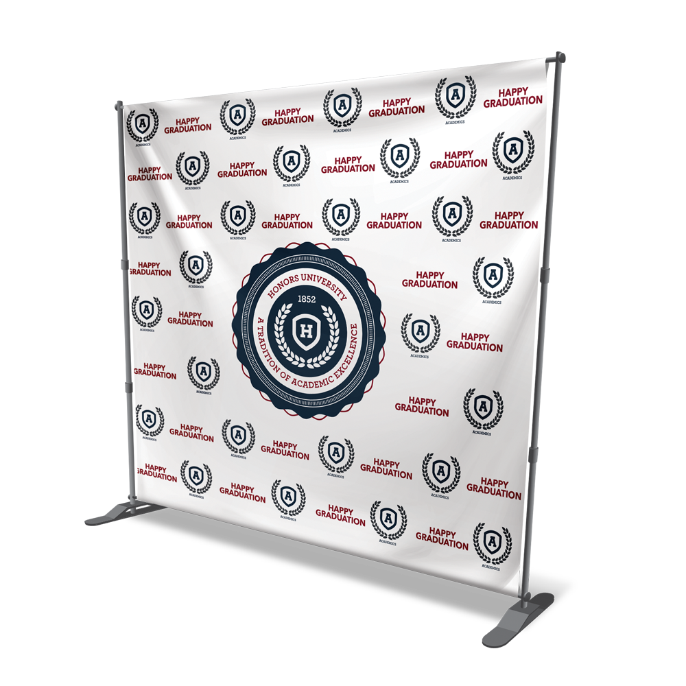 A white backdrop with a logo on it is sitting on a stand.
