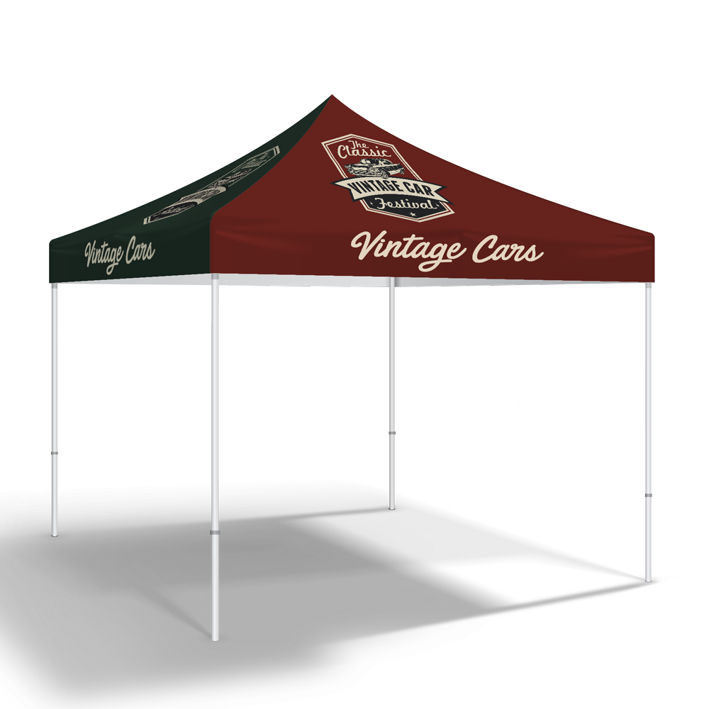 A canopy with a vintage cars logo on it