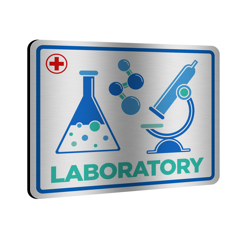 A sign for a laboratory with a beaker and microscope