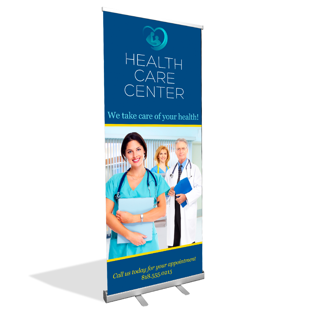 A health care center banner with a nurse and doctors on it.