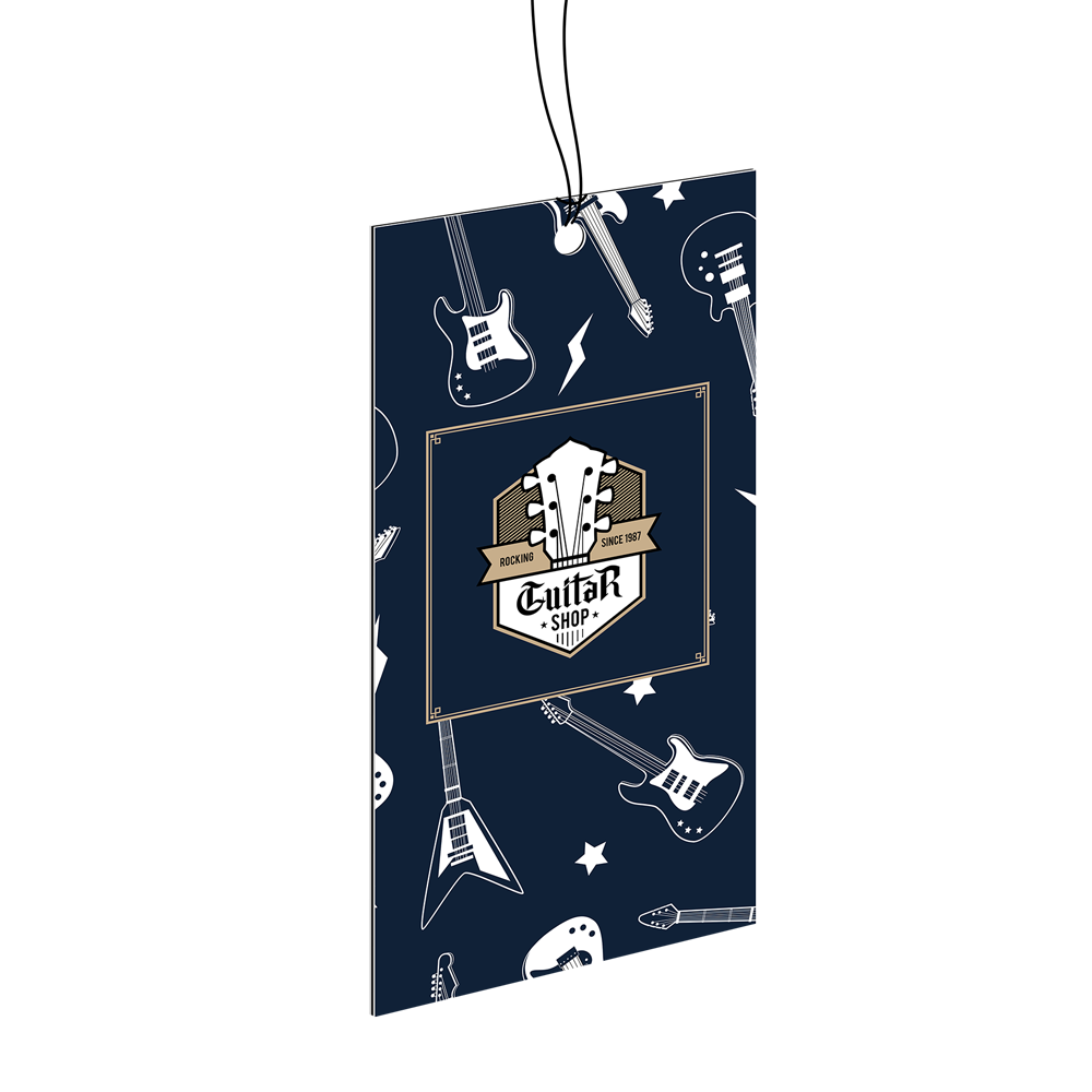 A tag with guitars on it is hanging from a string.