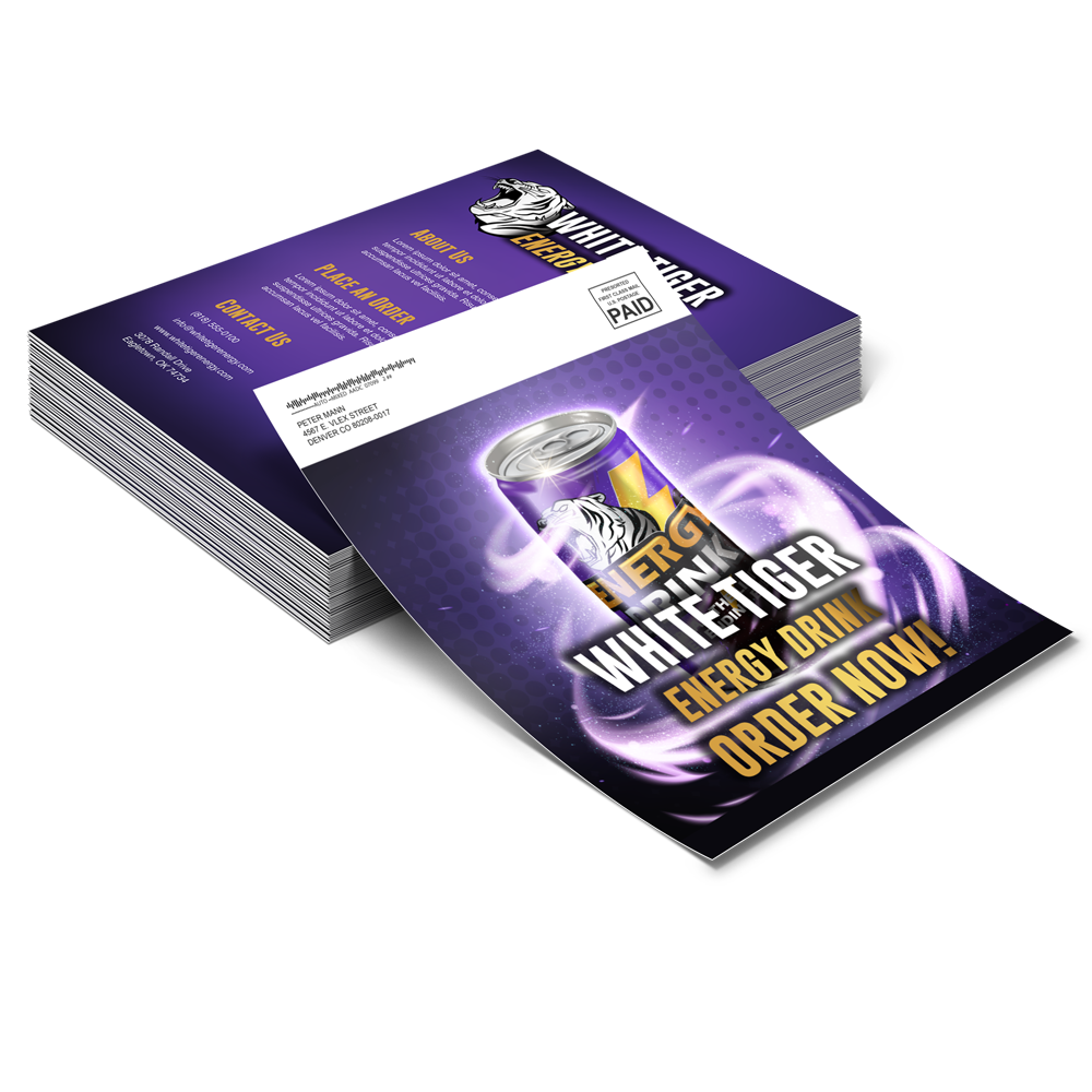 A stack of flyers with a picture of a can of white tiger energy drink.