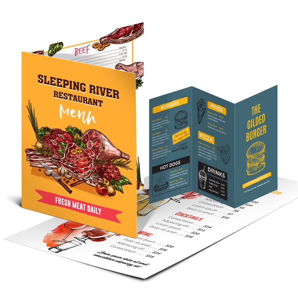 A menu for a restaurant with a picture of meat and vegetables on it.