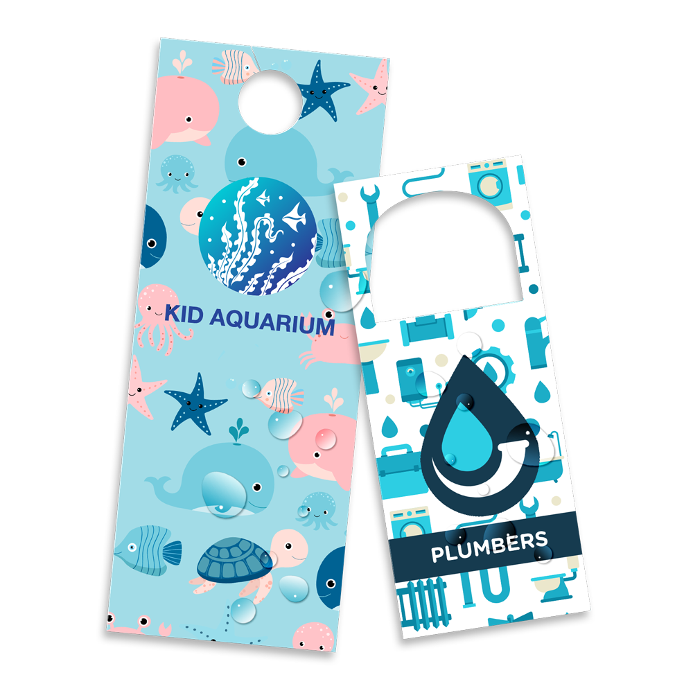 A door hanger for a kid aquarium and a door hanger for plumbers.