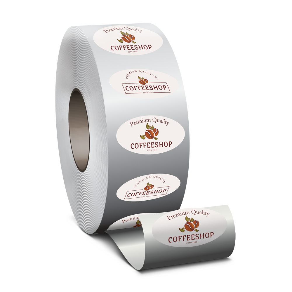 A roll of coffee shop stickers on a white background.