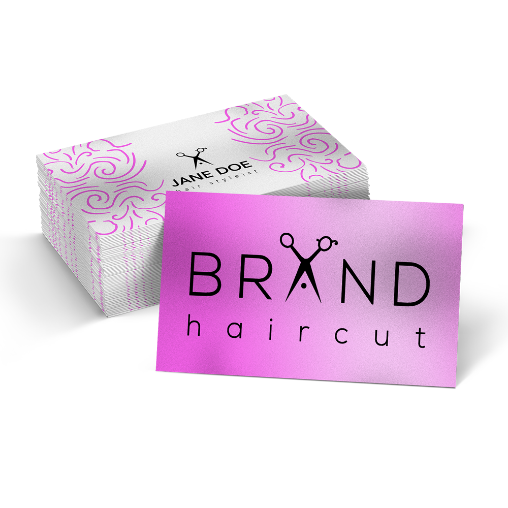A pink and white business card for a hair salon.