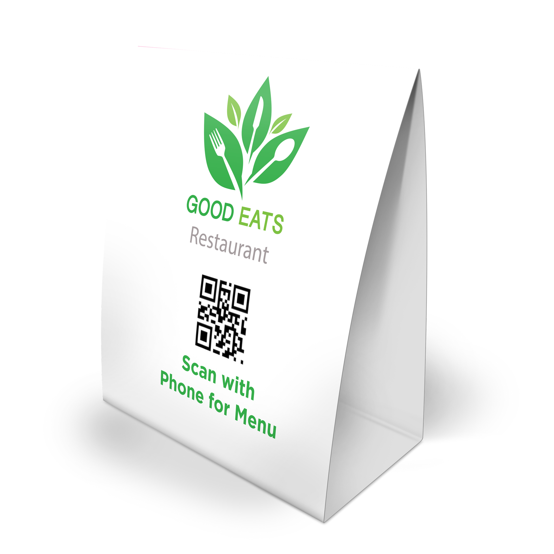 A table tent for a restaurant with a qr code on it.
