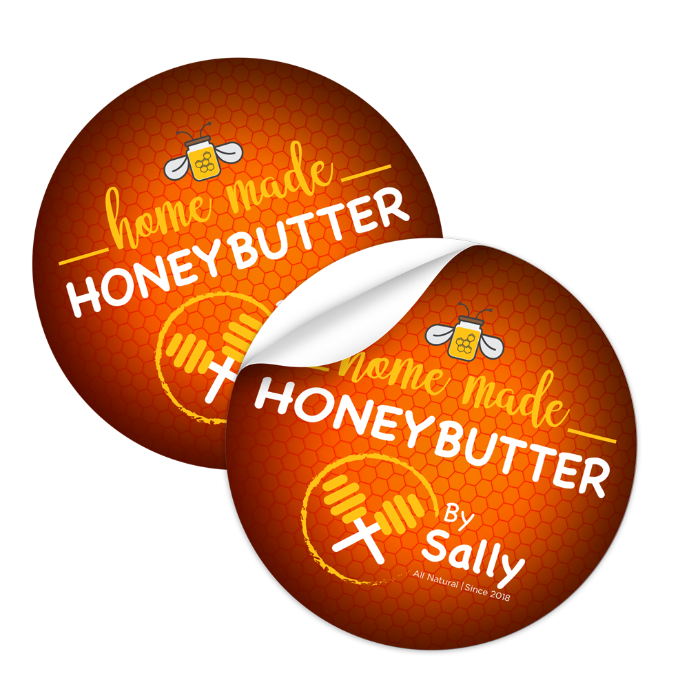 Two stickers that say home made honey butter by sally