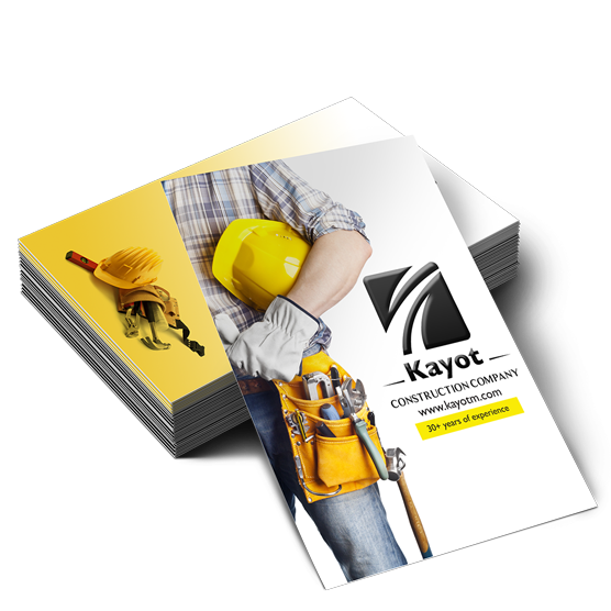 A construction company business card with a man wearing a hard hat