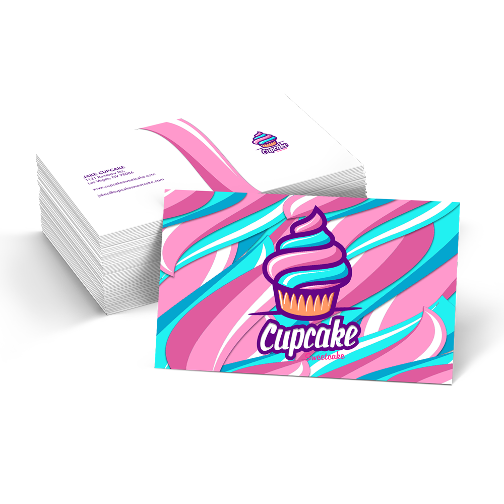 A stack of business cards with a cupcake on them.