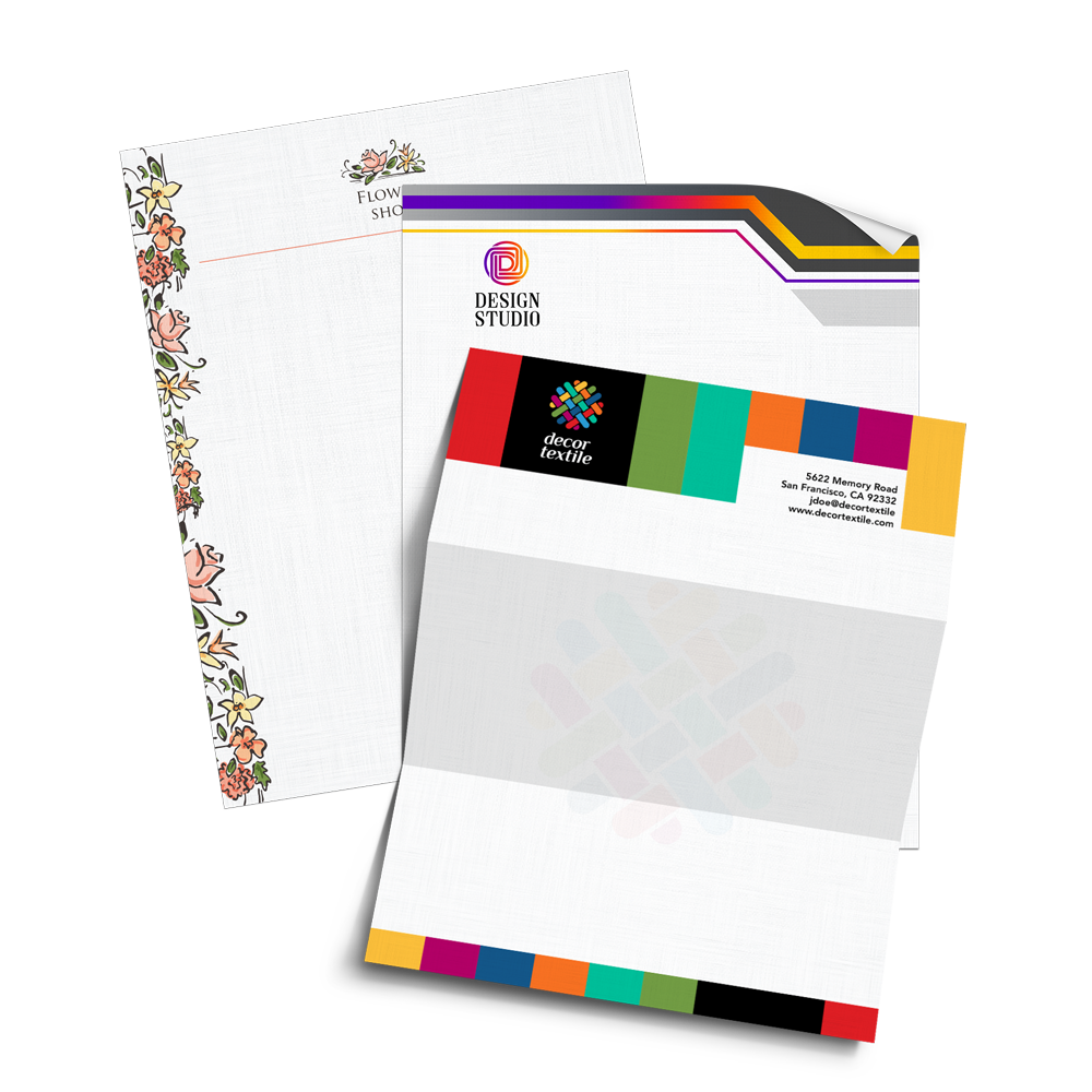 A letterhead and envelope with a colorful design on them.