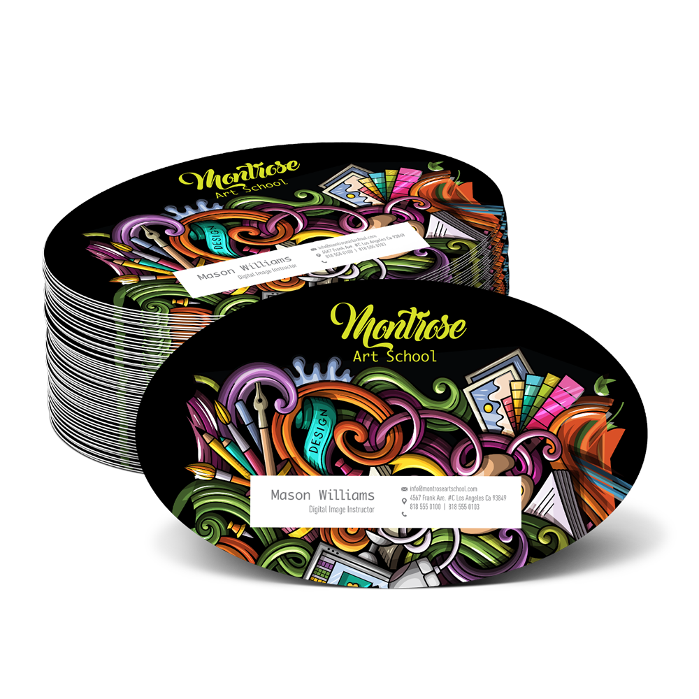 A stack of oval business cards with a colorful design on them.