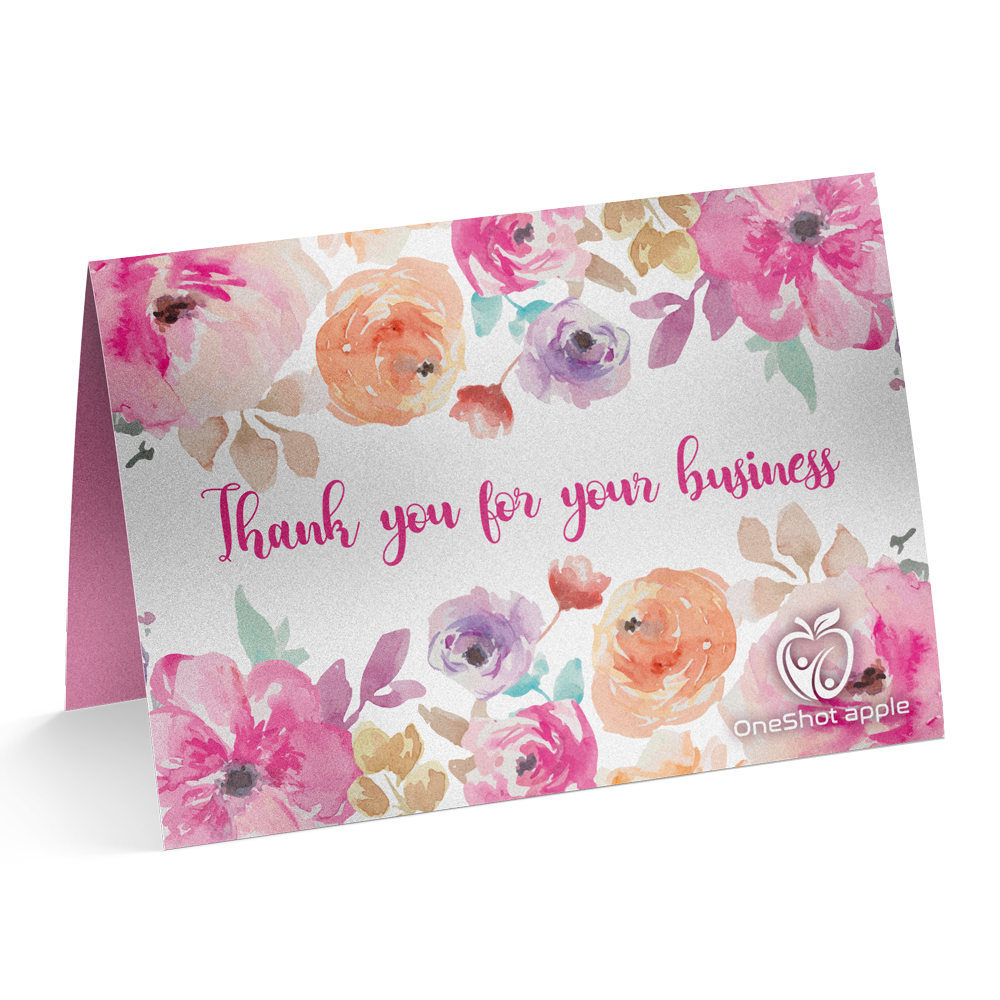 A thank you card with pink flowers and the words thank you for your business