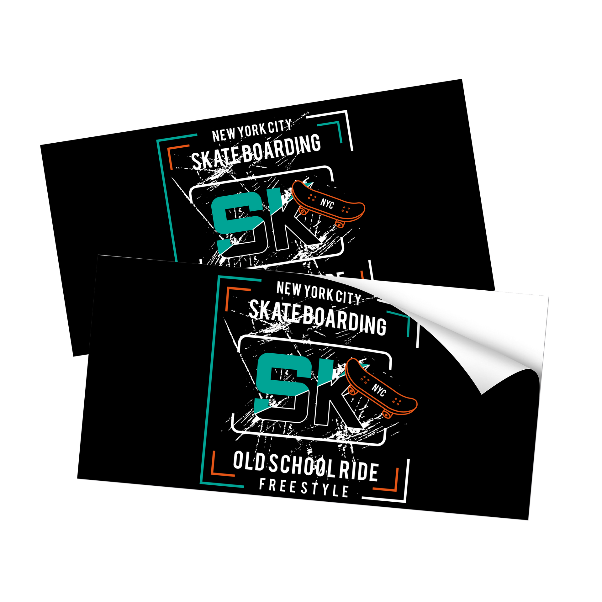 A pair of stickers with a skateboard on them.
