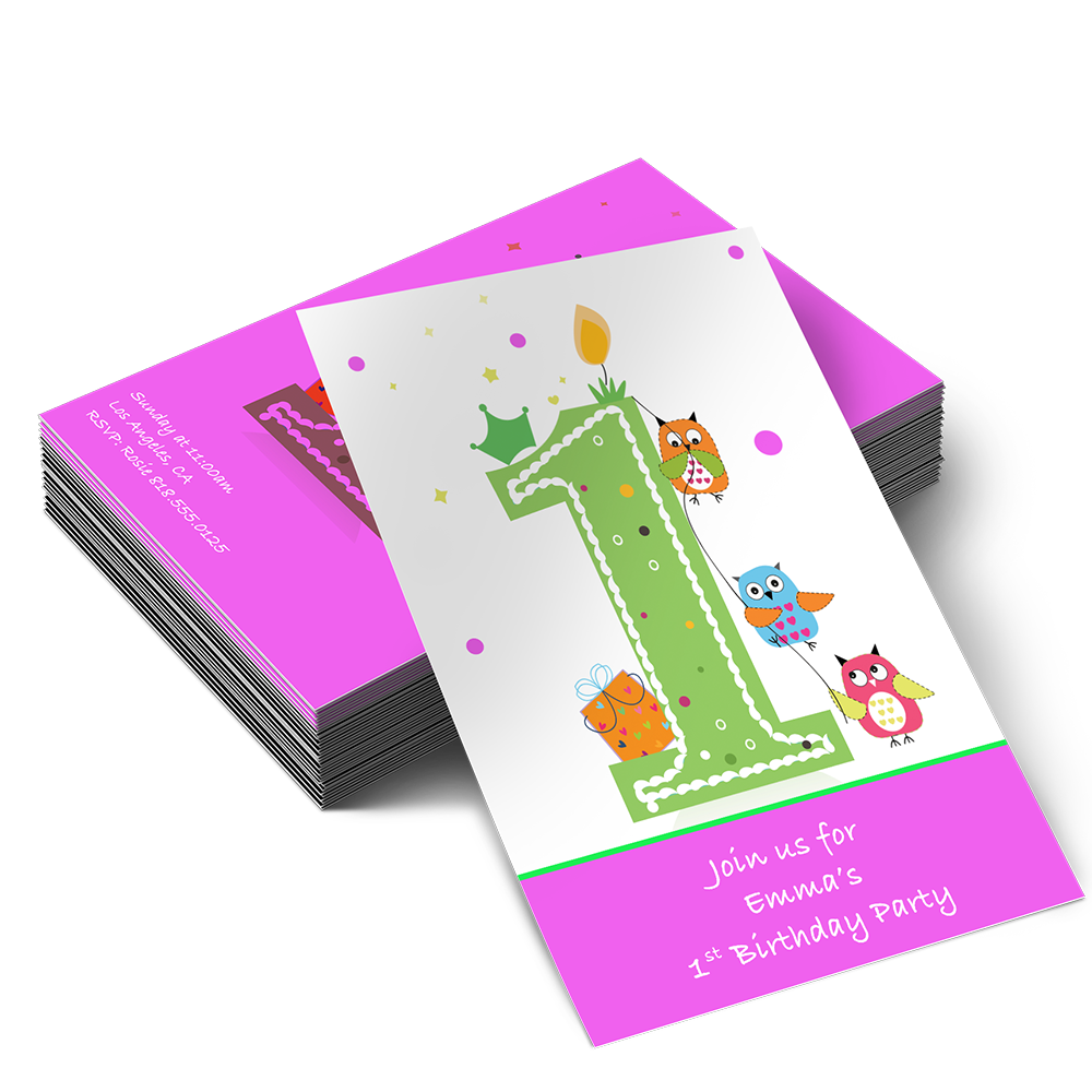 A stack of business cards with owls and the number one on them.