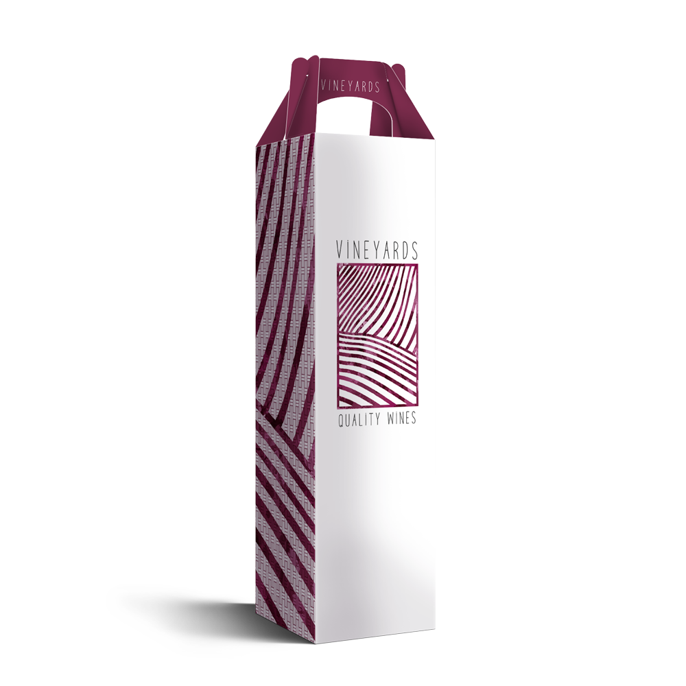 A bottle of wine in a box with a handle on a white background.