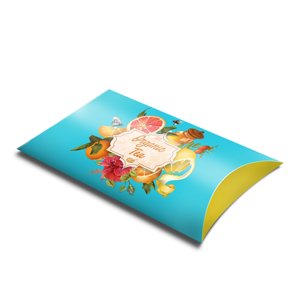 A blue pillow box with flowers and fruit on it.