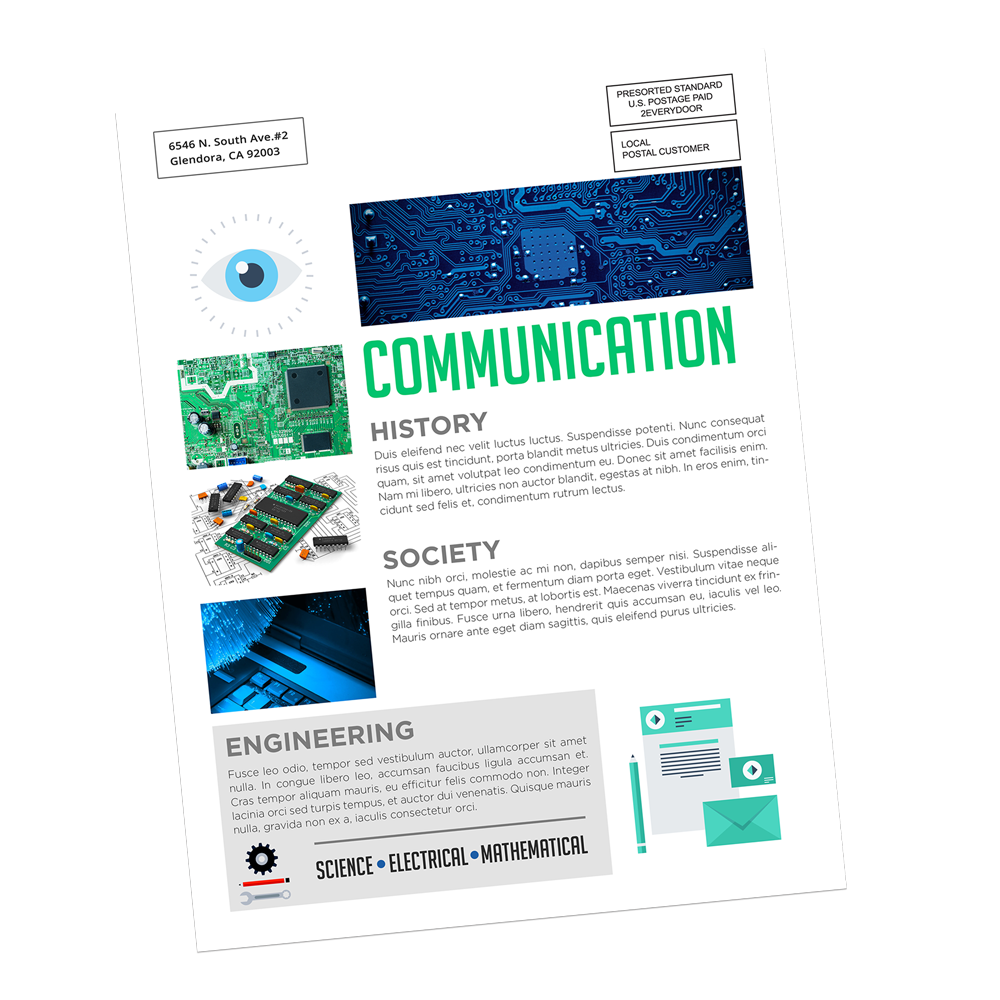 A flyer about communication , history , society , and engineering.