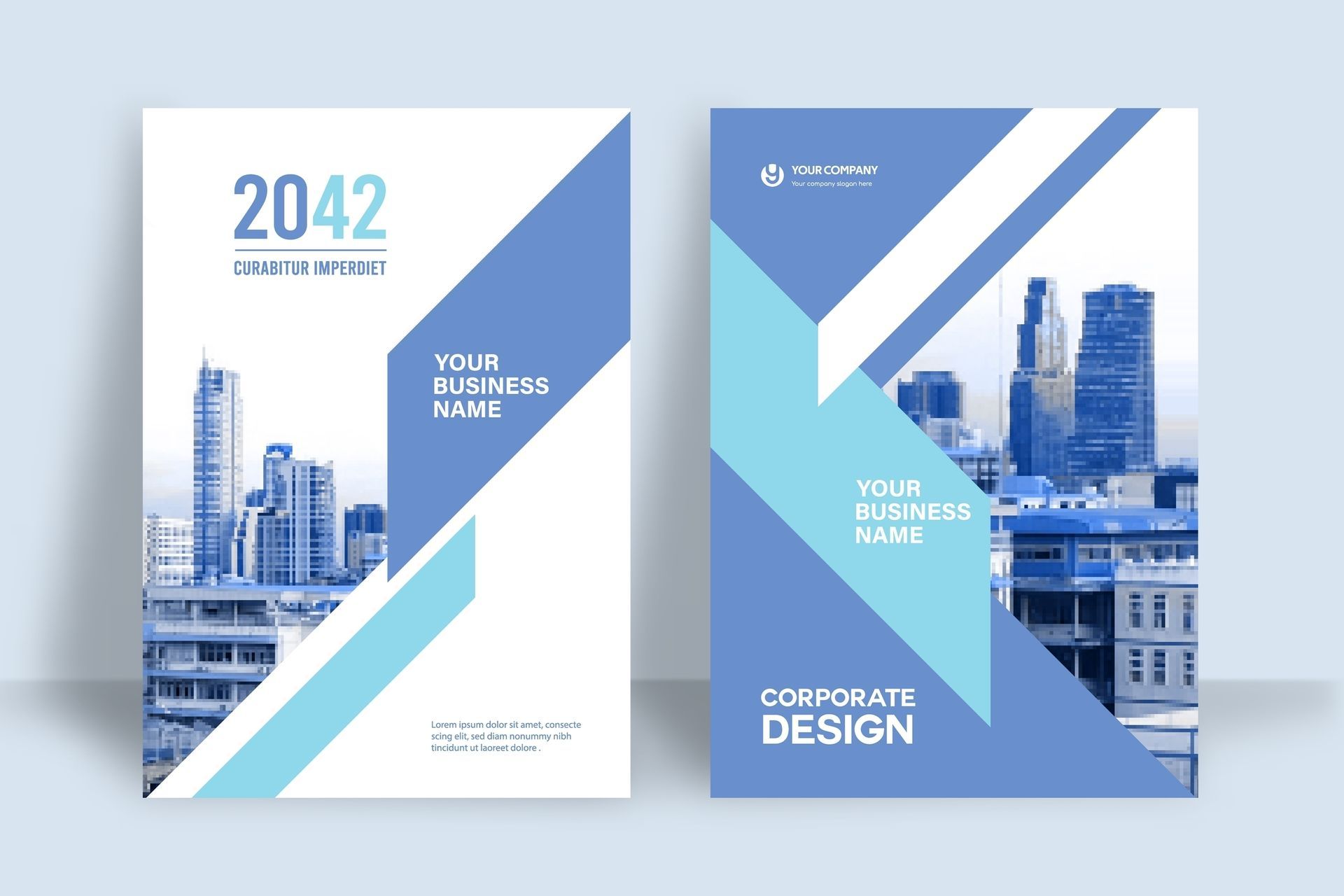 A blue and white brochure with a picture of a city skyline.