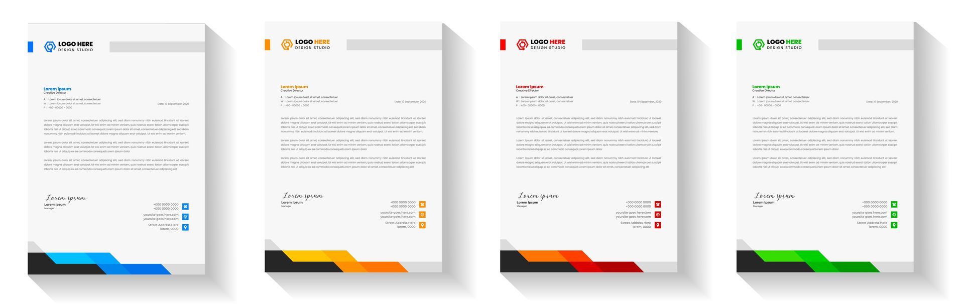 A set of three business letters with different colors on a white background.
