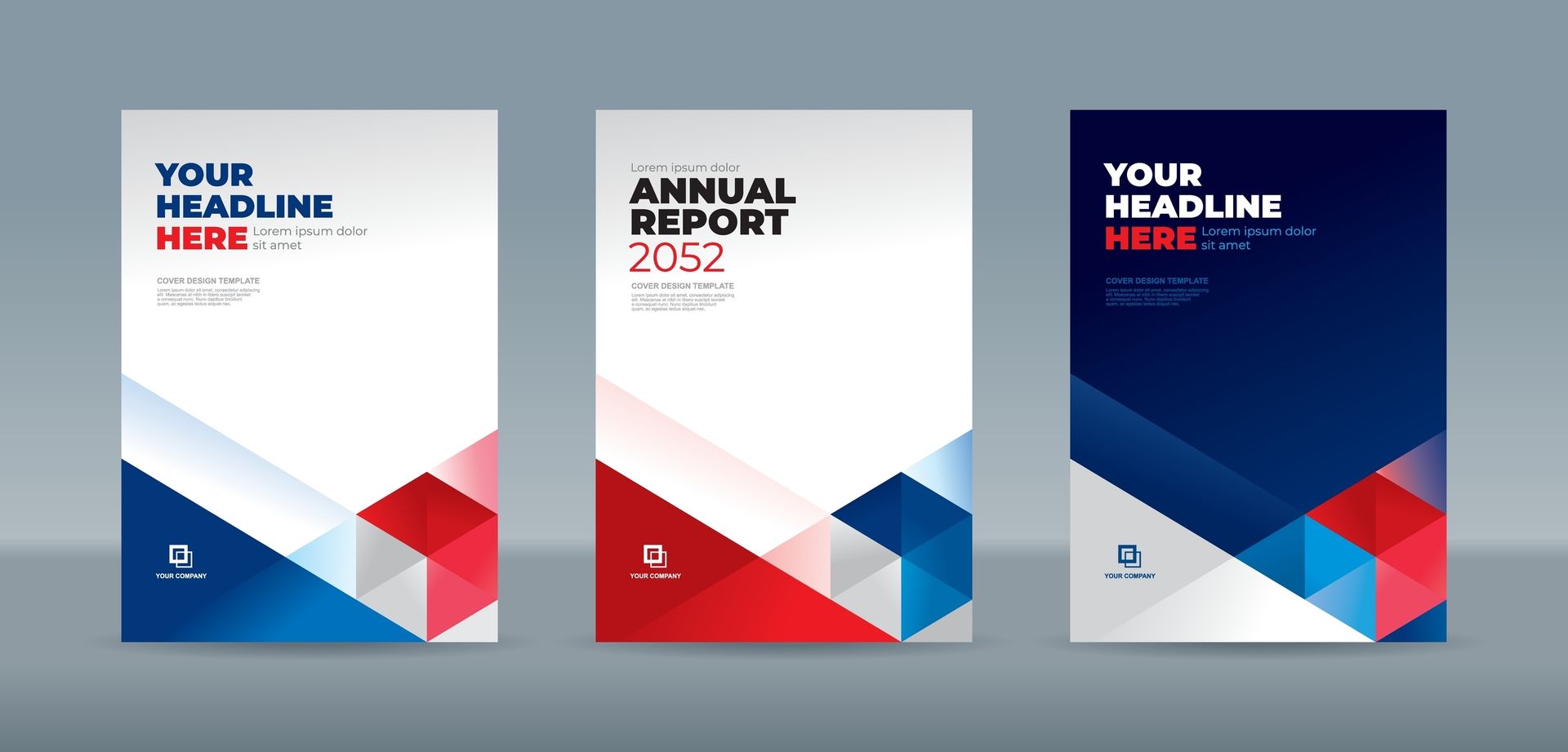 A set of three brochures with red , white and blue geometric shapes.