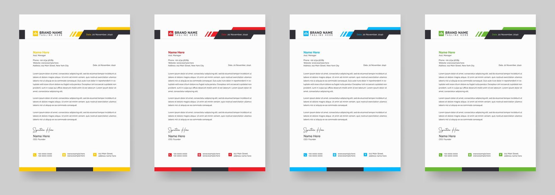 A set of four business letters with a colorful design.