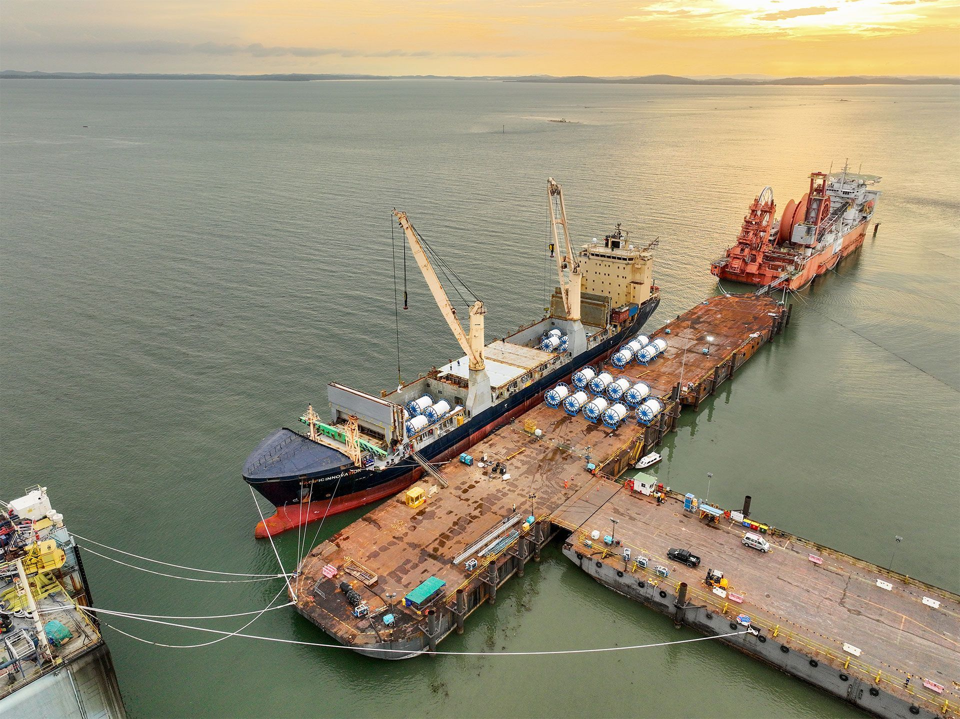 Aerial view of Mooring equipment sitting on barge