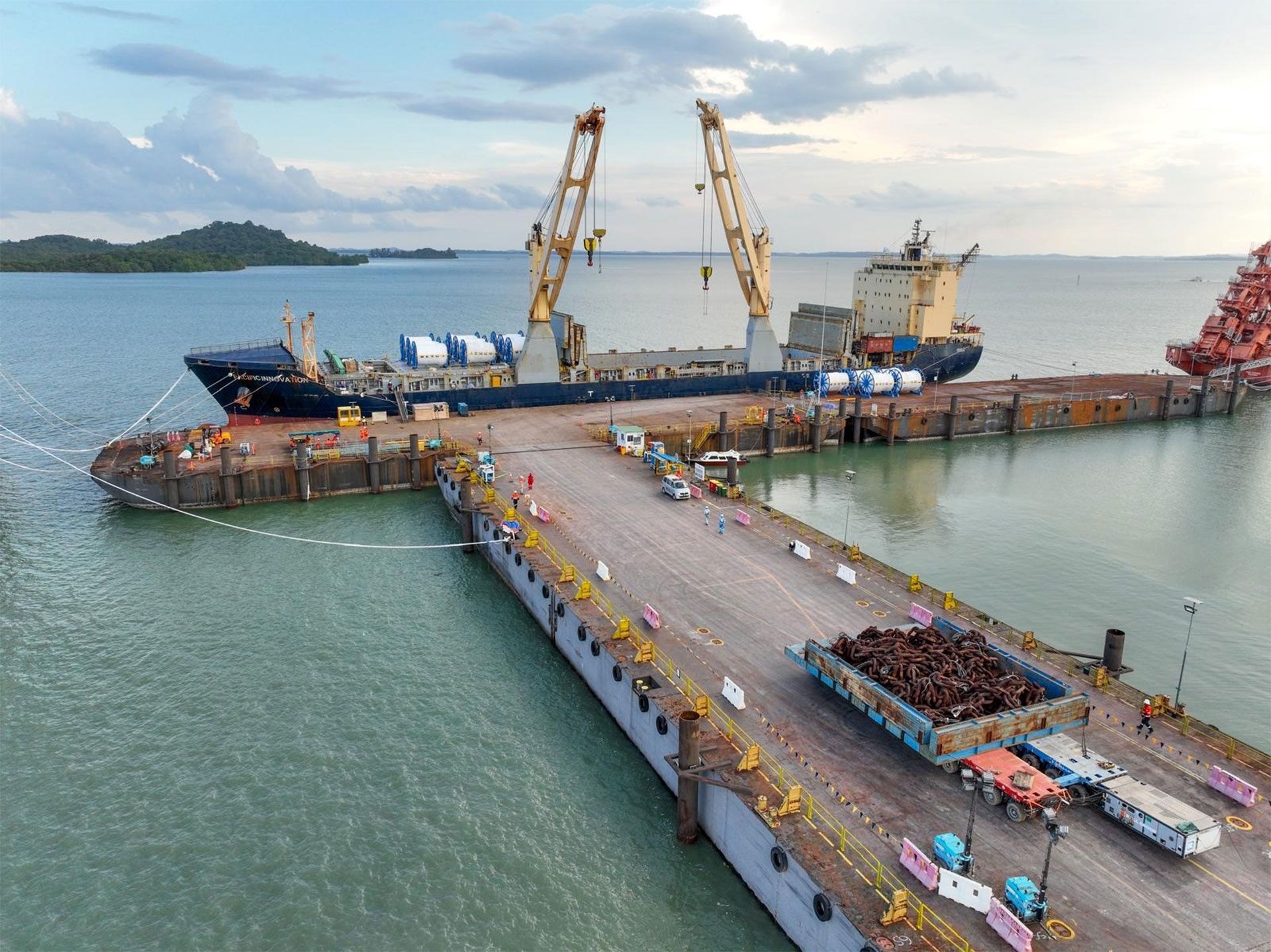Aerial view of Mooring equipment sitting on barge