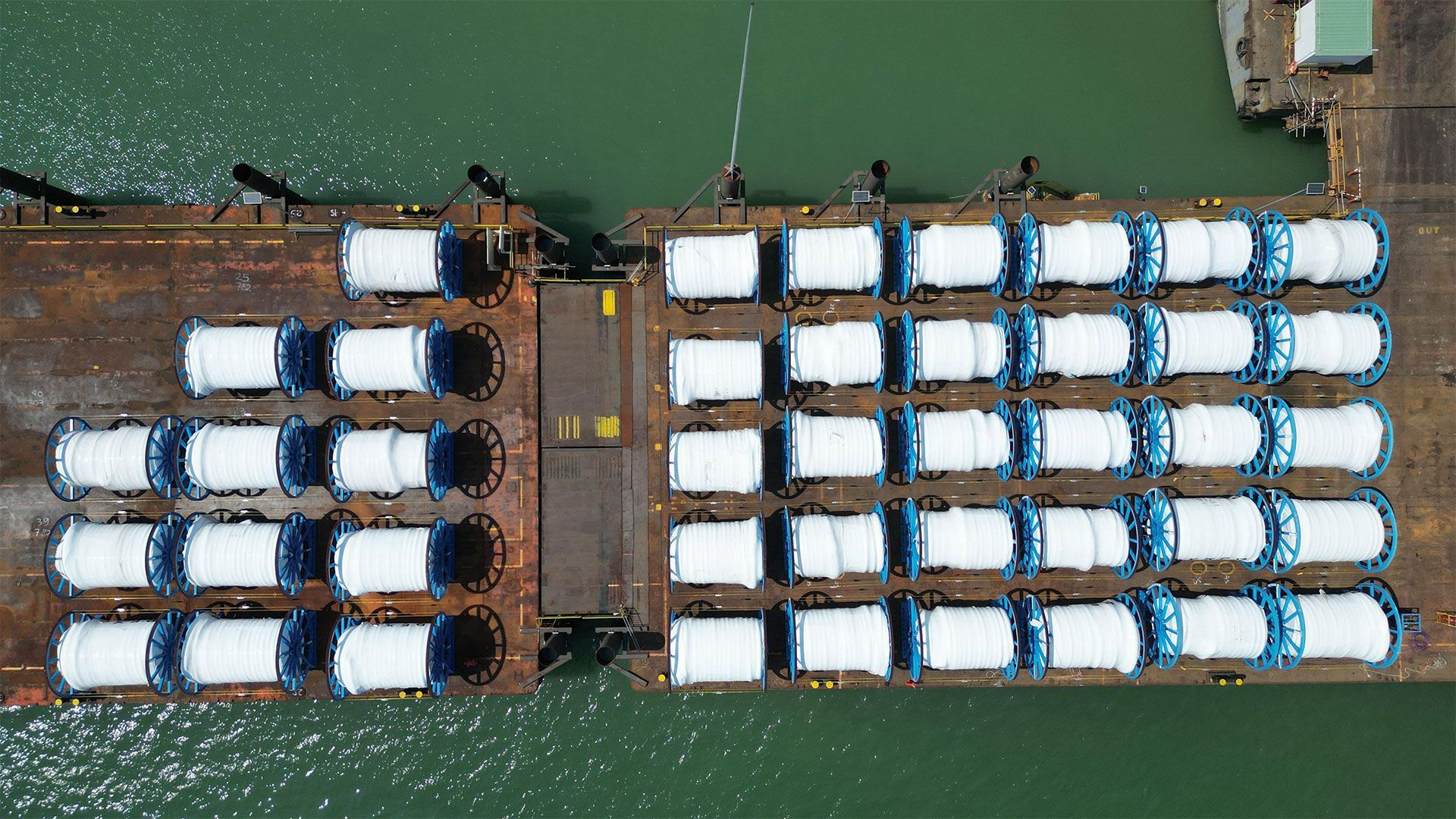Aerial view of Mooring equipment sitting on barge