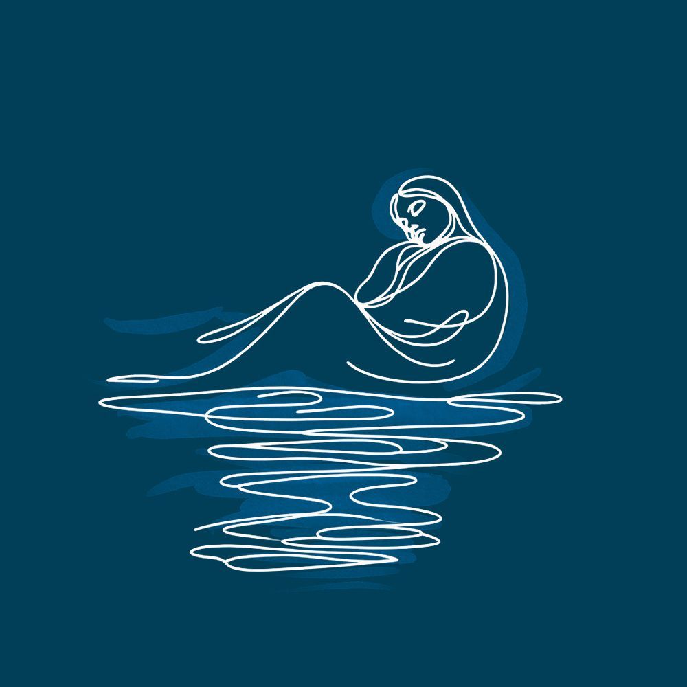 A line drawing of a woman sitting in the water.