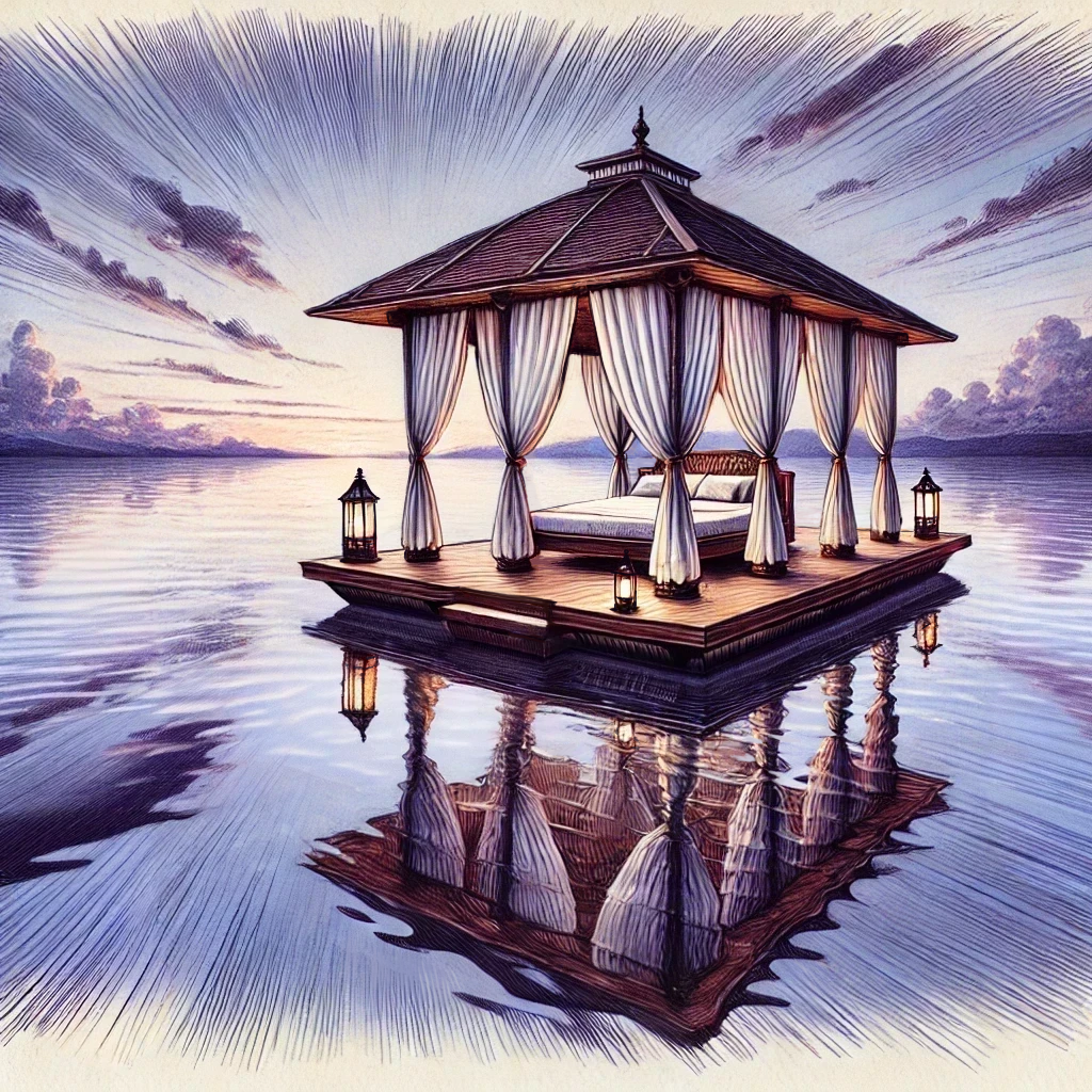 A gazebo floating on top of a body of water