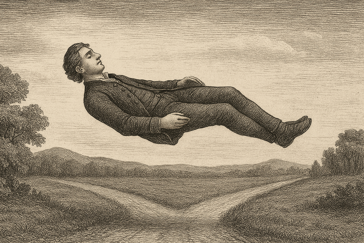 A black and white drawing of a man flying through the air