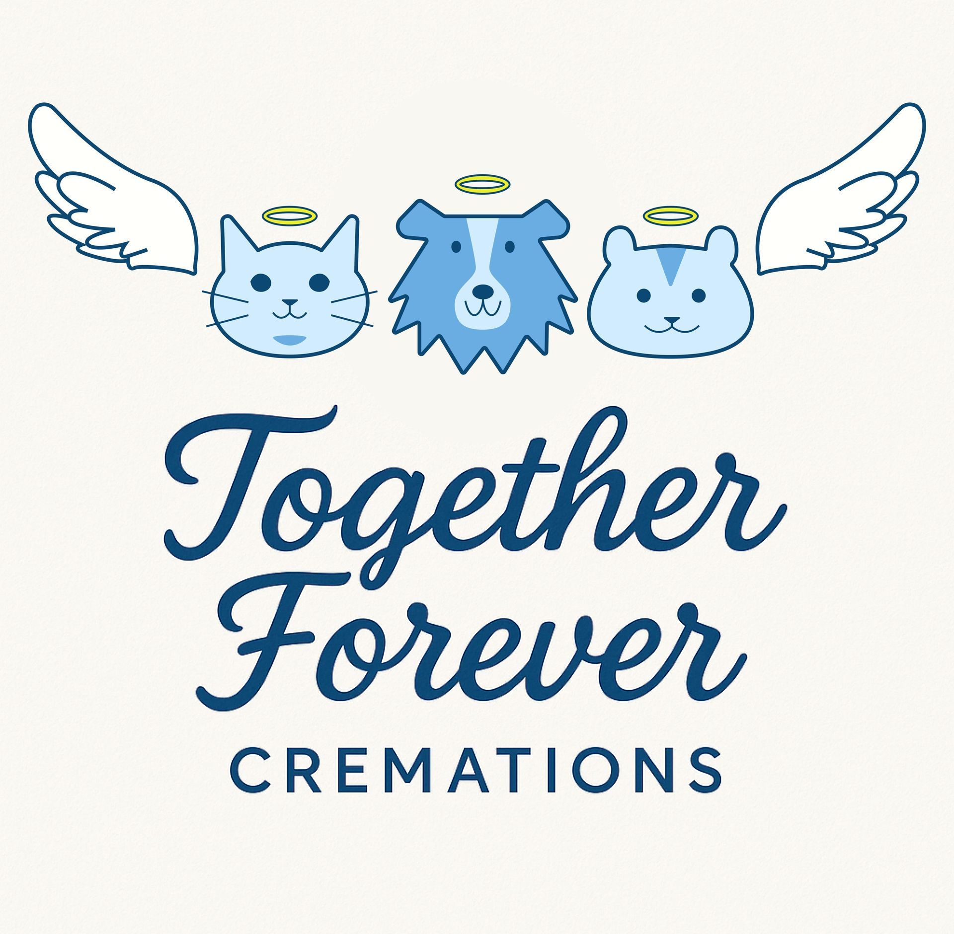 Logo: blue pets (cat, dog, hamster) with halos and wings, "Together Forever Cremations" text.