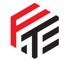 a red and black logo with the letter t on it
