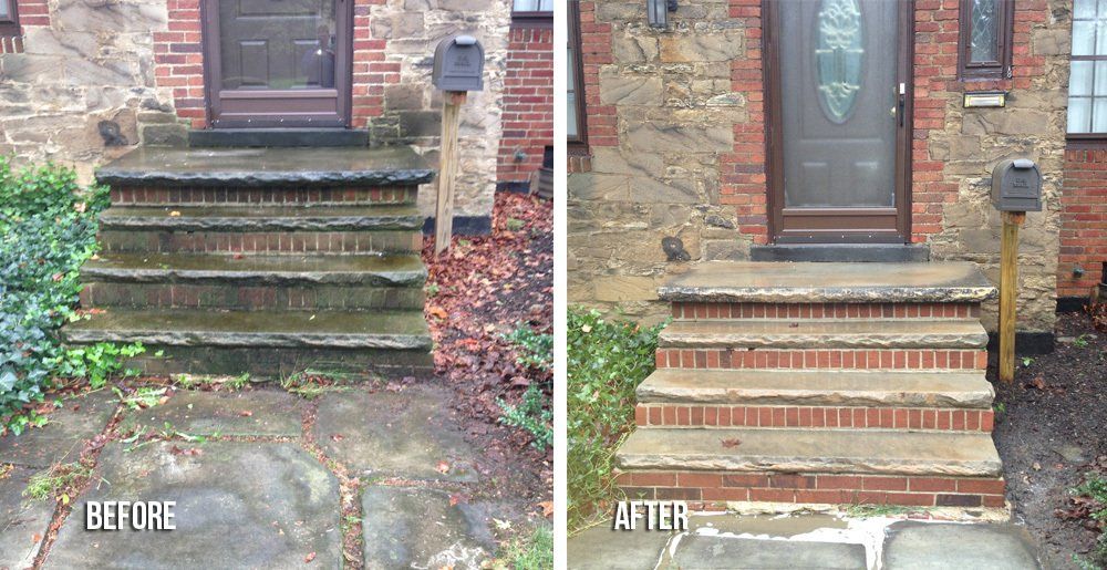 Before and after of dirty and cleaned brick and concrete front steps of a house.