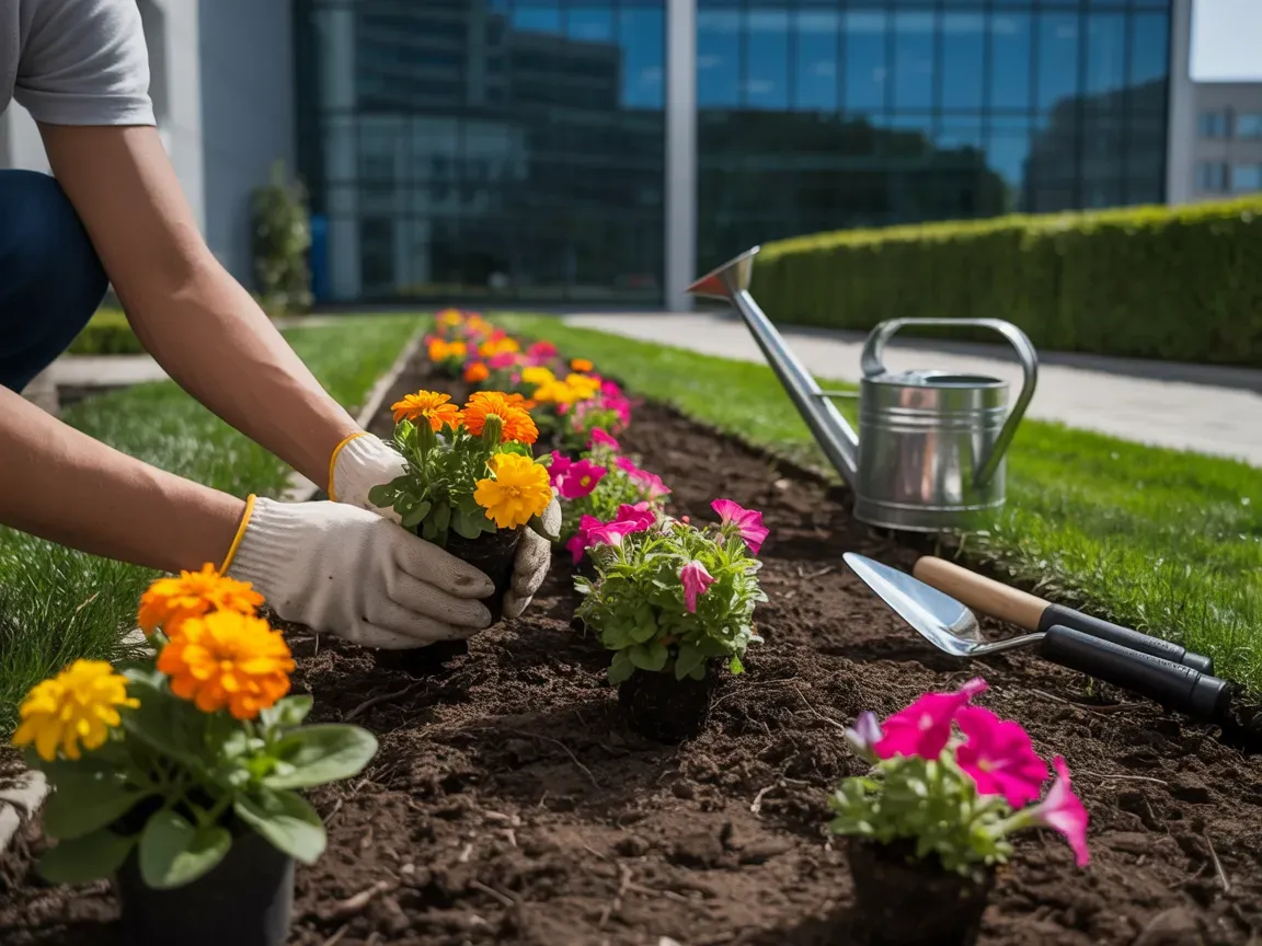 Person planting colorful flowers in a garden bed with a watering can and tools.