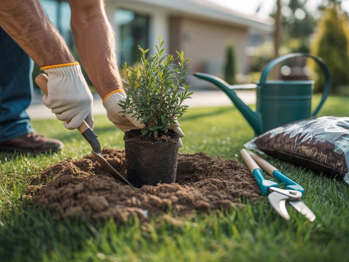 Man planting a small bush in a yard, using a trowel. Gardening tools and a watering can are nearby.