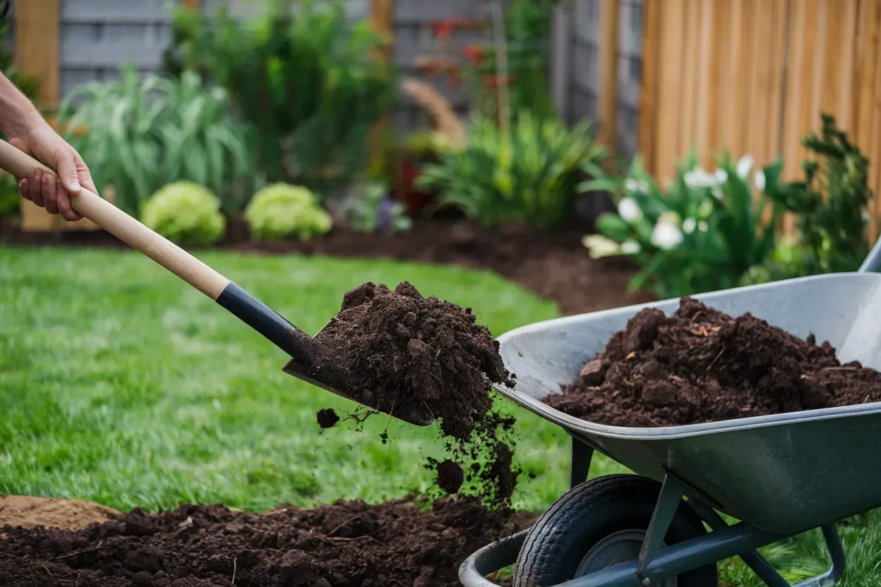 A person is shoveling dirt into a wheelbarrow.