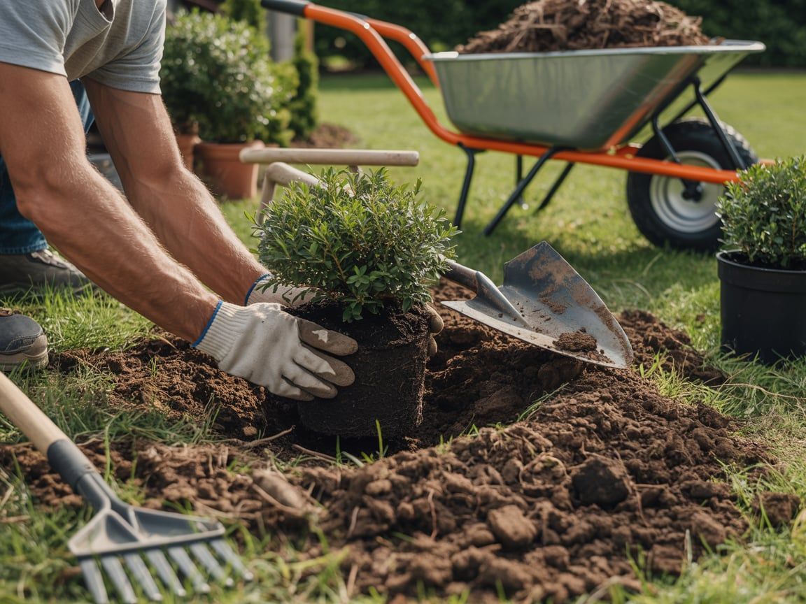 Gardener planting a shrub in a yard with a shovel, rake, and wheelbarrow of mulch.