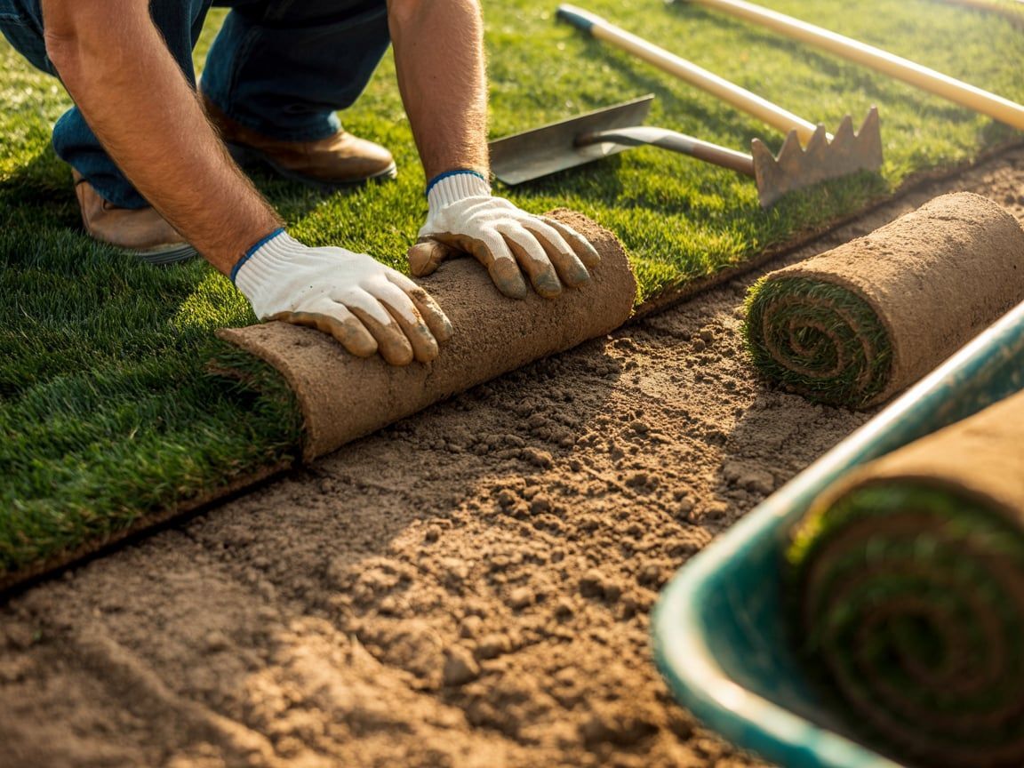 Person in gloves laying sod rolls on a prepared lawn, with tools nearby.