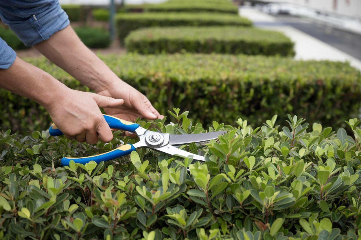 A person is cutting a hedge with a pair of scissors.