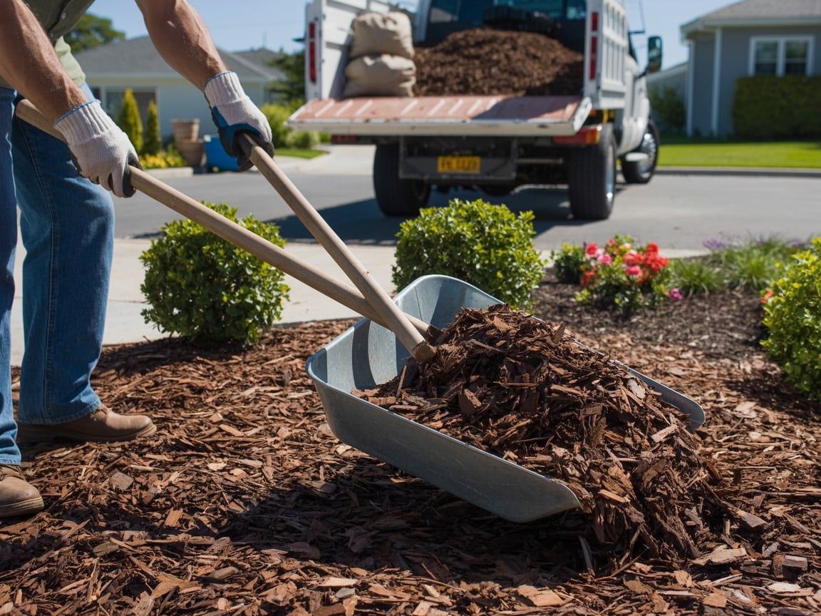 Person shoveling mulch from a wheelbarrow into a garden bed, truck in background.