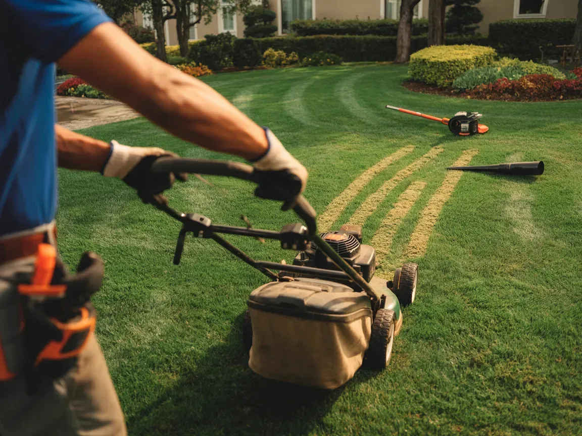Person mowing a green lawn with a lawnmower, showing visible cut lines. Other yard tools visible.