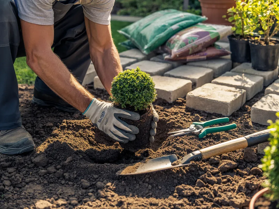 Man planting a shrub in a garden, with tools and pavers nearby.