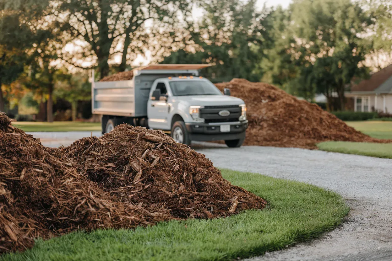 A dump truck is driving down a driveway next to a pile of mulch.