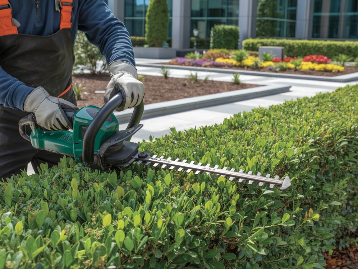 Gardener trimming a hedge with electric shears in front of a modern building with flower beds.