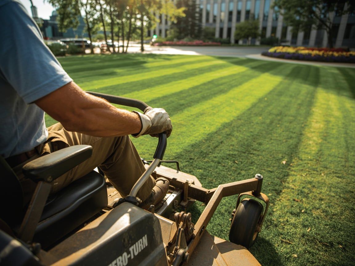 Person mowing a striped lawn with a riding mower on a sunny day.