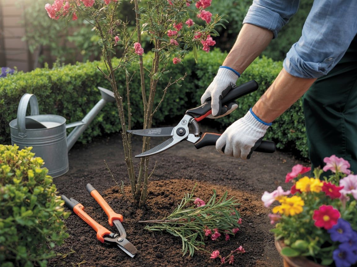 Person pruning a rose bush in a garden with pruning shears and clippers, a watering can, and colorful flowers.