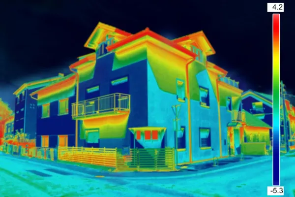 A thermal image of a house with a thermometer in front of it.