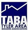 A blue and white logo for the tyler area builders association.